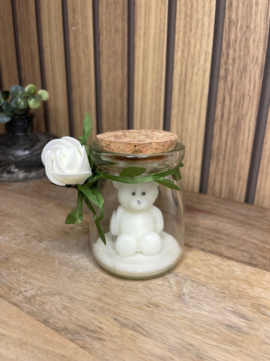 Décoration bougie parfumée ourson et fleur personnalisable. Cire végétal et fragrances de Grasse. Bougie artisanale. Cadeaux pour événements et cérémonies 